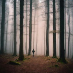 A person standing in the middle of the Black Forest, surrounded by tall, dark trees