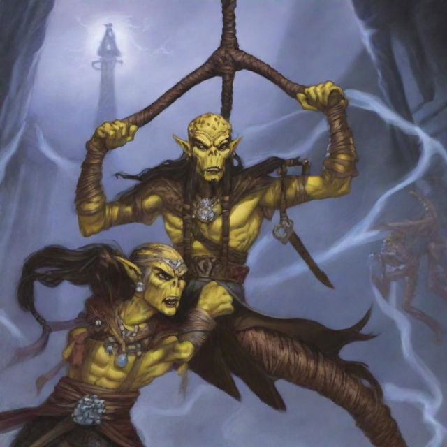 An intense scene from Dungeons & Dragons featuring an angry male Githyanki with yellow skin