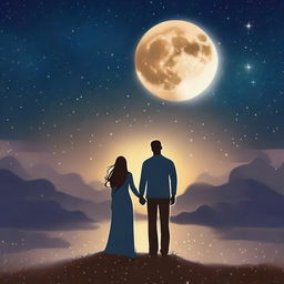 A beautiful scene depicting romance and destiny, with a couple holding hands under a starry night sky