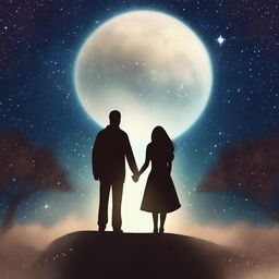 A beautiful scene depicting romance and destiny, with a couple holding hands under a starry night sky