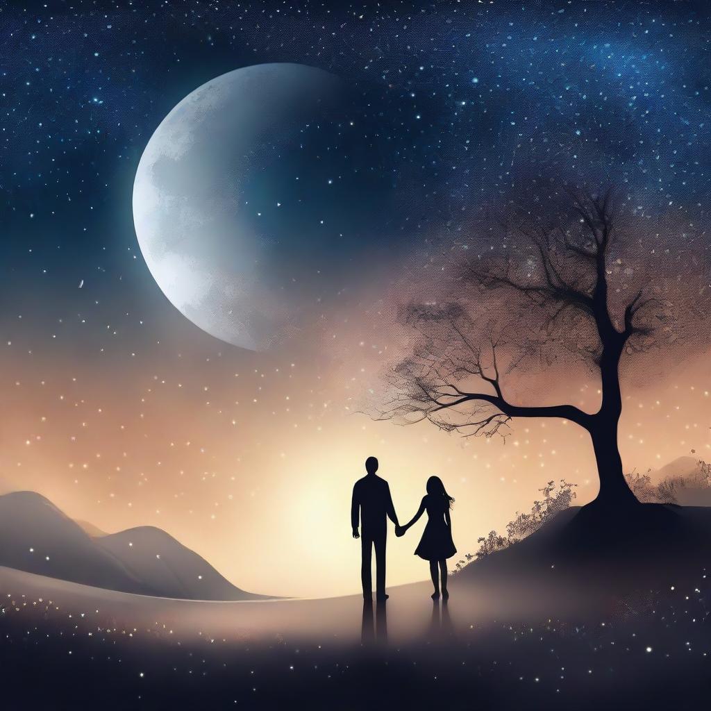 A beautiful scene depicting romance and destiny, with a couple holding hands under a starry night sky