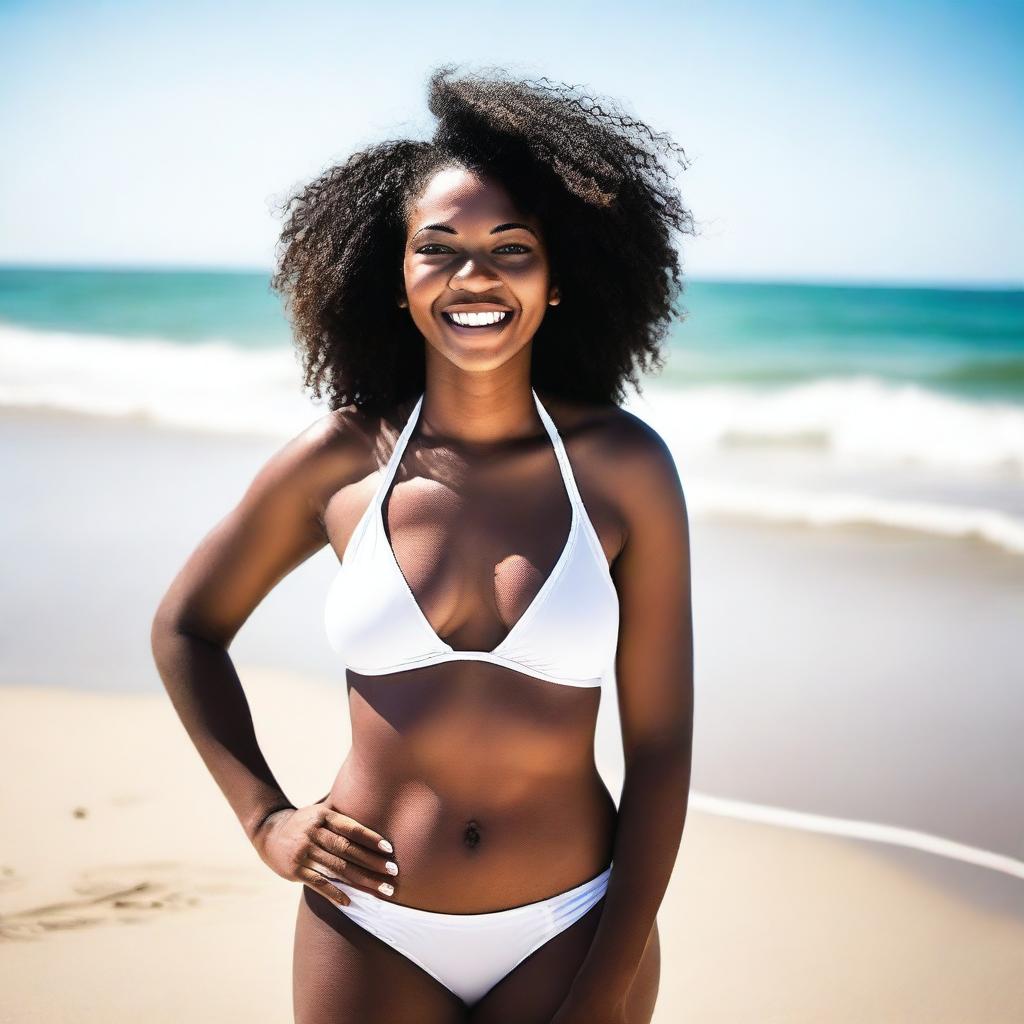 A black woman wearing a white bikini, standing confidently on a sunny beach with the ocean in the background