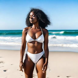 A black woman wearing a white bikini, standing confidently on a sunny beach with the ocean in the background