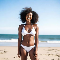 A black woman wearing a white bikini, standing confidently on a sunny beach with the ocean in the background