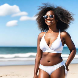 A black woman wearing a white bikini, standing confidently on a sunny beach with the ocean in the background