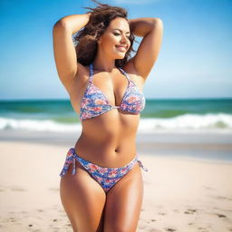 A voluptuous woman enjoying a sunny day at the beach, wearing a stylish bikini