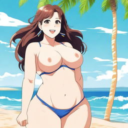 An anime-style illustration of a voluptuous woman wearing a bikini