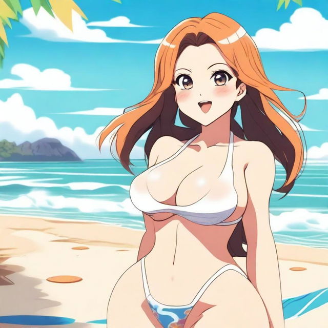 An anime-style illustration of a voluptuous woman wearing a bikini