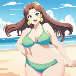 An anime-style illustration of a voluptuous woman wearing a bikini