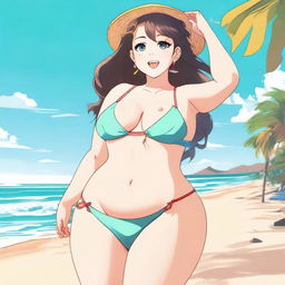 An anime-style illustration of a voluptuous woman wearing a bikini