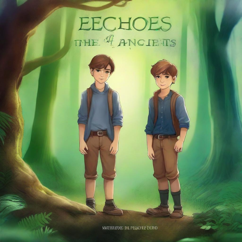 Create an enchanting book cover for the fantasy adventure story 'Echoes of the Ancients: The Quest of Jack and Liam' by Nosheen