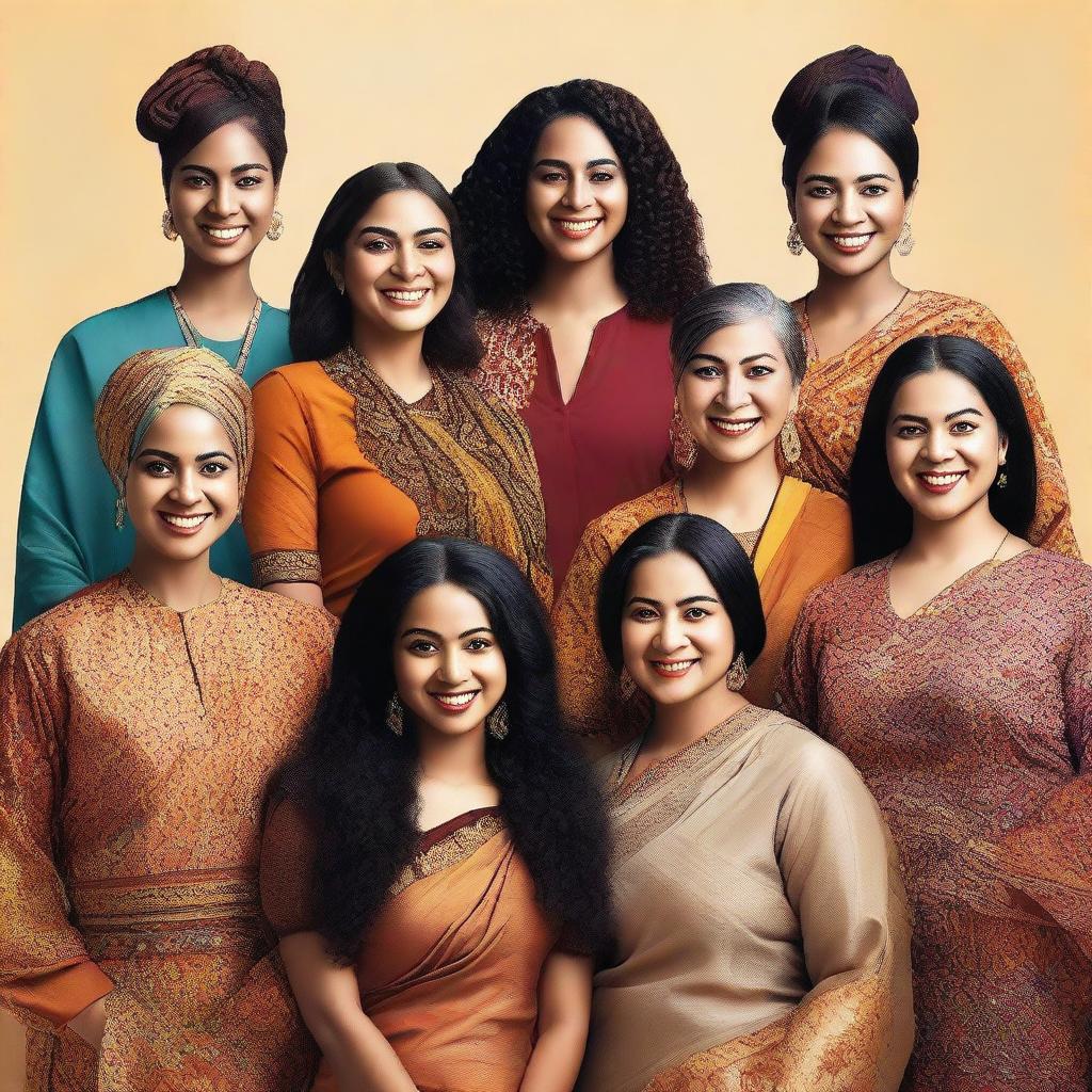 A diverse group of women from different backgrounds and cultures, showcasing unity and strength