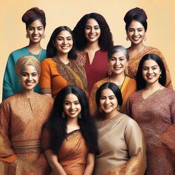 A diverse group of women from different backgrounds and cultures, showcasing unity and strength