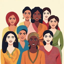 A diverse group of women from different backgrounds and cultures, showcasing unity and strength