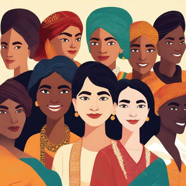 A diverse group of women from different backgrounds and cultures, showcasing unity and strength