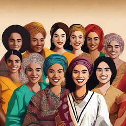 A diverse group of women from different backgrounds and cultures, showcasing unity and strength