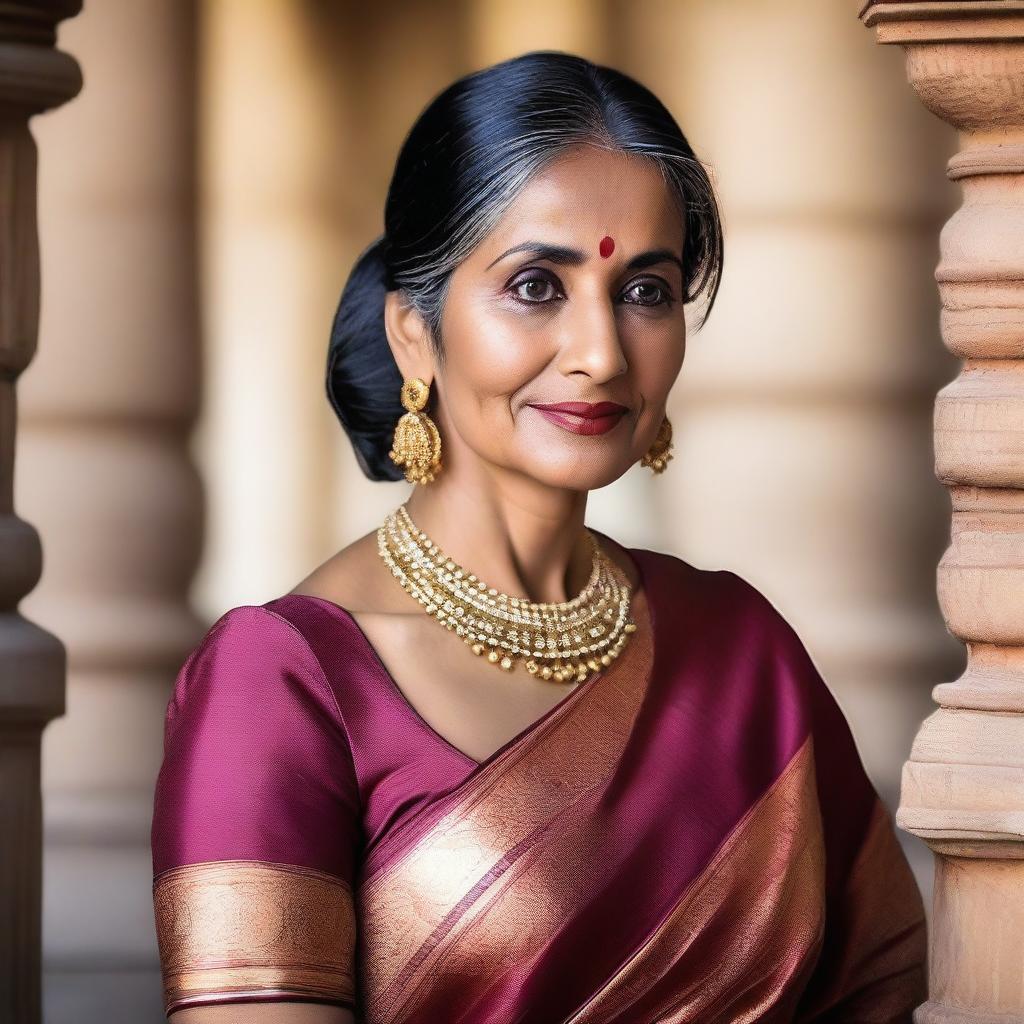 A mature Indian woman in traditional attire, showcasing elegance and grace