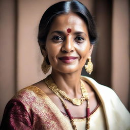 A mature Indian woman in traditional attire, showcasing elegance and grace