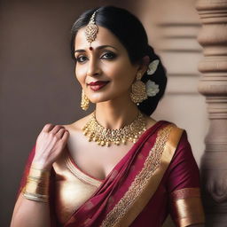 A mature Hindu woman in traditional attire, depicted with elegance and grace