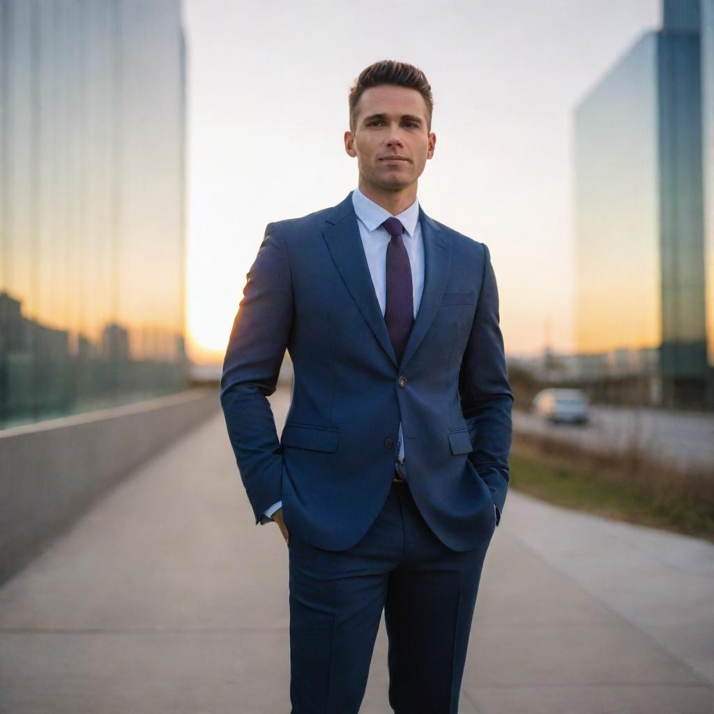 Confident, well-dressed man standing in a modern, urban landscape at sunset.