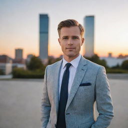 Confident, well-dressed man standing in a modern, urban landscape at sunset.