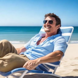 Pedro Pascal relaxing at a beach, sitting on a lounge chair under a bright blue sky with the ocean waves in the background