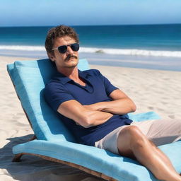 Pedro Pascal relaxing at a beach, sitting on a lounge chair under a bright blue sky with the ocean waves in the background