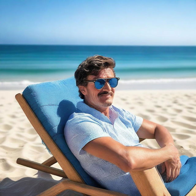 Pedro Pascal relaxing at a beach, sitting on a lounge chair under a bright blue sky with the ocean waves in the background