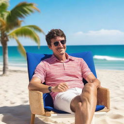 Pedro Pascal relaxing at a beach, sitting on a lounge chair under a bright blue sky with the ocean waves in the background