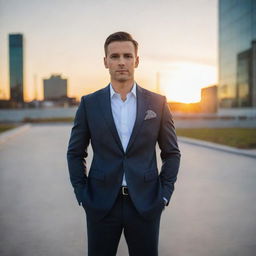 Confident, well-dressed man standing in a modern, urban landscape at sunset.