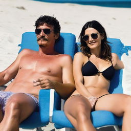 Pedro Pascal relaxing at the beach with a beautiful brunette woman