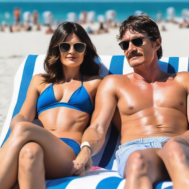 Pedro Pascal relaxing at the beach with a beautiful brunette woman