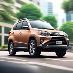 Create a detailed image of a Toyota Rush or Daihatsu Terios, showcasing the car from a dynamic angle