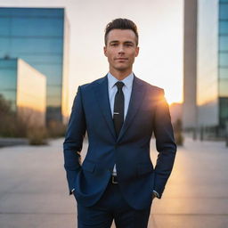 Confident, well-dressed man standing in a modern, urban landscape at sunset.