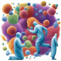 An artistic depiction of microscopic investigators exploring the human body, uncovering the secrets of the immune system