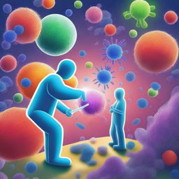 An artistic depiction of microscopic investigators exploring the human body, uncovering the secrets of the immune system