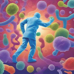 An artistic depiction of microscopic investigators exploring the human body, uncovering the secrets of the immune system