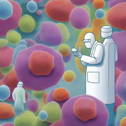 An artistic depiction of microscopic investigators exploring the human body, uncovering the secrets of the immune system