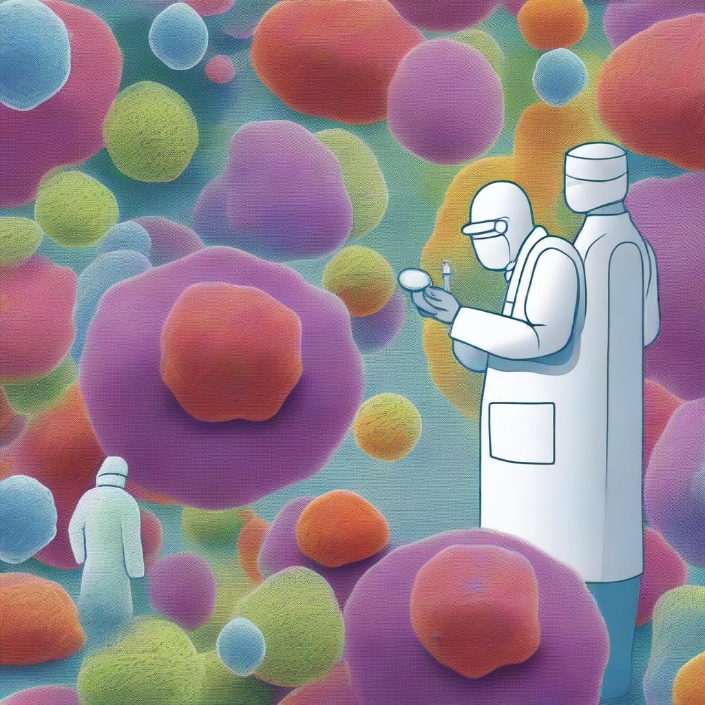 An artistic depiction of microscopic investigators exploring the human body, uncovering the secrets of the immune system