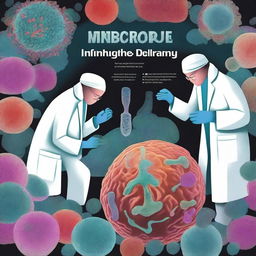 An artistic depiction of microscopic investigators exploring the human body, uncovering the secrets of the immune system