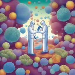 An artistic depiction of microscopic investigators exploring the human body, uncovering the secrets of the immune system