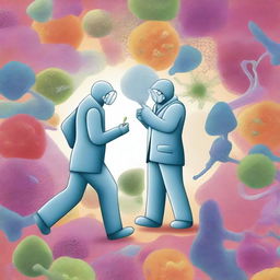 An artistic depiction of microscopic investigators exploring the human body, uncovering the secrets of the immune system