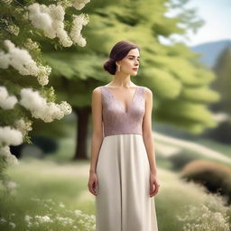 A woman wearing a stylish and elegant dress, standing in a serene outdoor setting with a beautiful background of trees and flowers