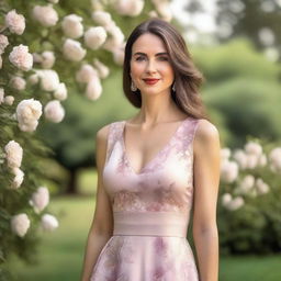 A woman wearing a stylish and elegant dress, standing in a serene outdoor setting with a beautiful background of trees and flowers