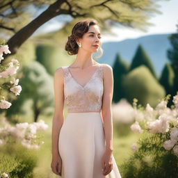 A woman wearing a stylish and elegant dress, standing in a serene outdoor setting with a beautiful background of trees and flowers