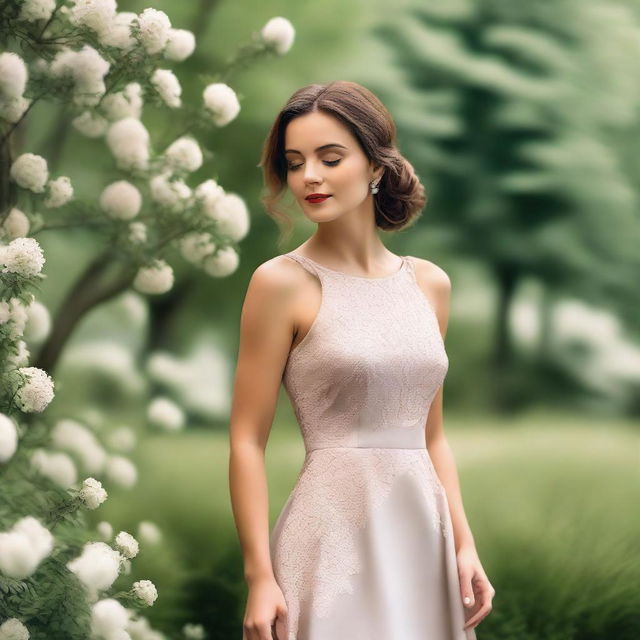 A woman wearing a stylish and elegant dress, standing in a serene outdoor setting with a beautiful background of trees and flowers