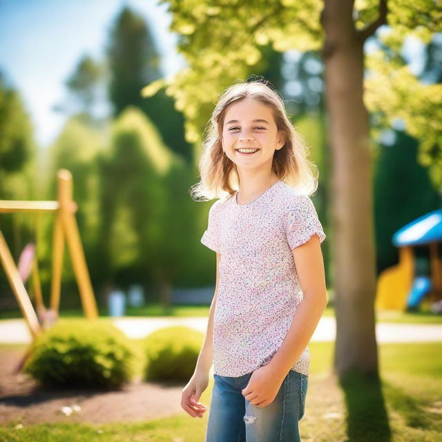 A cute 10-year-old girl playing in the park