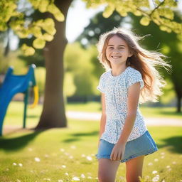 A cute 10-year-old girl playing in the park