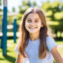 A cute 10-year-old girl playing in the park