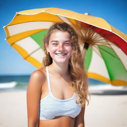 A cheerful 15-year-old girl enjoying her time at the beach